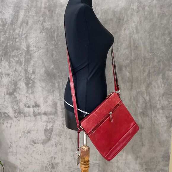 Giani Bernini Red Genuine Leather Cross Body Bag Sholuder Handbag + logo key fob - Picture 4 of 16
